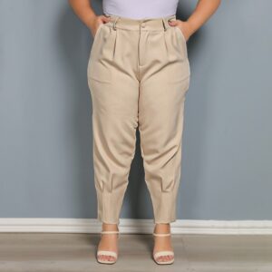 Calça Feminino Cenoura Detalhes De Dobrados Com Bolso e Zíper Alfaiataria Plus Size