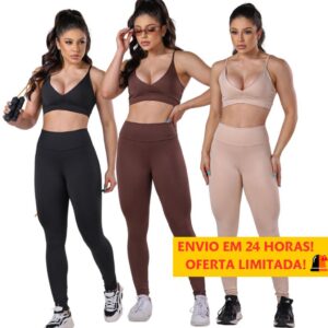 CONJUNTO DE CALÇA TOP + LEGGING FITNESS CINTURA ALTA Costura reforçada academia premium brilho Crossfit ATACADO