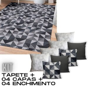 Kit Tapete Geometrico 2m X 1,40 PVC Emborrachado + 04 Almofadas Gorgurinho Cheias Para Sala