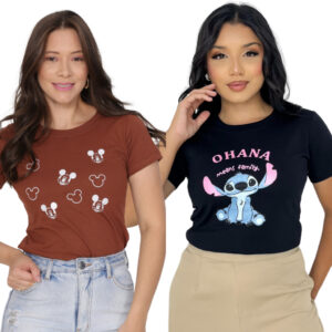 Kit 2 T-shirt Camiseta Feminina 100% Algodão Estampa Desenho