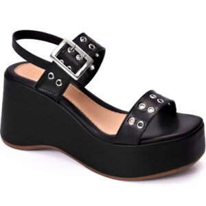Sandália Feminina Lumiss Fivela Ilhós Anabela Plataforma Confortável Preto