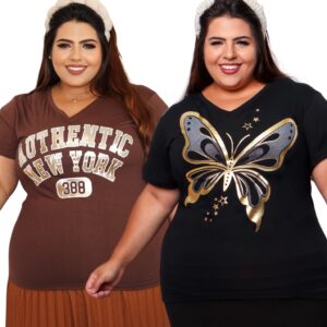 Kit 2 Blusas Pluz Size Feminina Estilosa Tecido Com Elastano Confortável Moda Pluz Camiseta G1 e G2