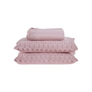 Jogo de Colcha Cobre Leito Casal Queen 3 peças percal 300 Fios com Bordado Premium MADRI Rose