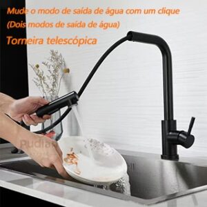 Torneira De Cozinha Pull-Out Preto Inox Sus304 Torneira 360 Rotação De Água Quente E Fria Torneira Único Buraco