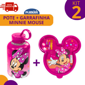 Kit Pote Marmita Rosto Minnie Rosa e Garrafa Com Alça 120ML Garrafinha Lancheira Plasútil