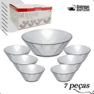 Jogo De Sobremesa Tigelas Bowls 7 Peças Em Vidro Conjunto Saladeira Fruteira Desenhado