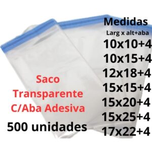 500un Saco adesivado Plástico Transparente Brilhante C/ Aba Adesiva
