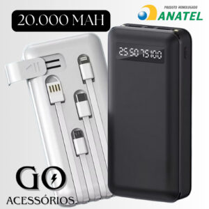 Carregador Portátil 20000mAH Power Bank Com 4 Tipos De Cabo (Lightning, TIPO -C, V8, USB) Com Visor