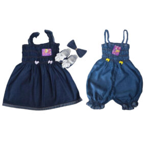 Kit Com 2 Roupinhas Vestido E Macacão Jeans Para Bebê Menina