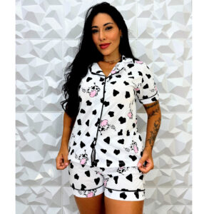 Pijama Americano Blogueirinha Malha Estampado Confortável Adulto Curto