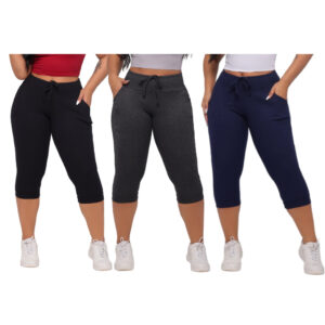 Kit 3 Calças capri feminina Cintura alta Corsário canelada