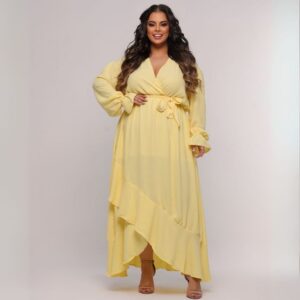 Vestido Feminino Longo Plus Size Elegante Decote V Amarração Cintura Sofisticado