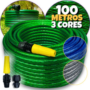 MANGUEIRA DE JARDIM TRANÇADA 100M METROS 7/16 (KIT COMPLETO) Reforçada Trançada Tripla Camada