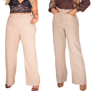Calça Plus Size Feminina Pantalona Cintura Alta Com Bolso Cinto Encapado Linho Social G1