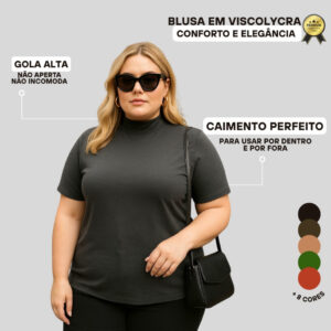 Blusa Gola Alta 3/4 Manga Curta Viscolycra Plus