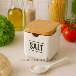 Saleiro de Cozinha Cerâmica Porcelana Mesa Com Colher Porta Condimento Preto Branco Tampa de Bambu