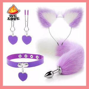 Kit Fantasia Raposinha Plug Anal Rabinho Cauda Raposa Grampo Seios Mamilo Lilas Sex Shop