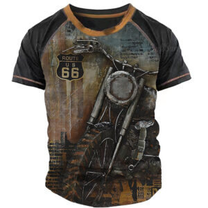 Camiseta Retro Motocicleta De Manga Curta Masculina Impressão 66 Logotipo Da Rodovia Casual O-Neck Top Europeu Tamanho Extra Grande (S-5XL)