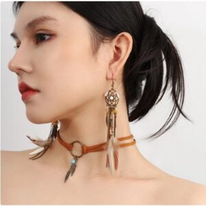 Brincos Boho Choker Dream Catcher Conjunto De Mulher Retro Pena Longa Tassel De Couro Marrom Deixa Pingente Colar Jóias