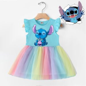 Fofo STITCH Pattern Print Party Dress Girl Vestido De Festa Princesa Arco-Íris Brithday Gift