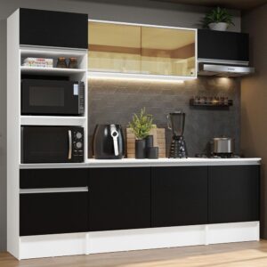 Cozinha Completa Madesa Diamante com Armário, Balcão e Tampo – Branco/Preto