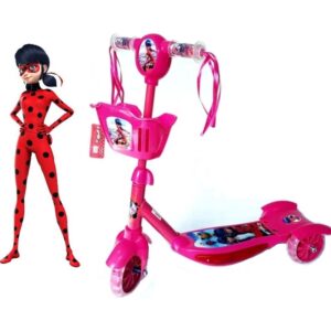 Patinete Infantil Rosa Menina Miraculous LadyBug 3 Rodas Com Música e Luz Ajustável Pronta Entrega