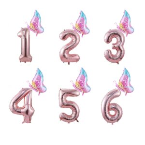 Conjunto de Balões de Folha de Aniversário de Borboleta de 32Polegadas Balões de Número de Ouro Rosa para Decorações de Festa de Aniversário