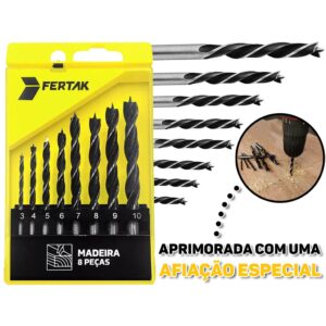 Jogo De Brocas 8 Peças C/ Estojo Furar Madeira Maciça Mdf Aço 3 a 10mm Para Furadeira Parafusadeira Fertak