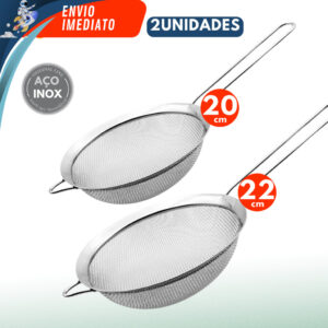 Kit 2 Peneiras 22 e 20cm 10cm 100% Aço Inox Utensílios de Cozinha Conjunto Premium Coar Suco Confeitaria Coador Fritura