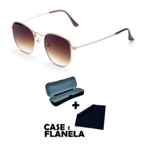 Kit 1 Óculos De Sol Hexagonal Dourado Lente Marrom + Kit case Com Flanela