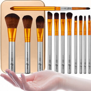 Kit 12 Pincel Maquiagem + Estojo Lata Base Corretivo Blush Sombra Delinear Esfumar Batom Premium