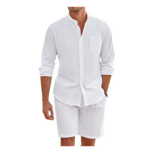 Conjunto de Linho Masculino Camisa Linho Botão Bermuda Linho
