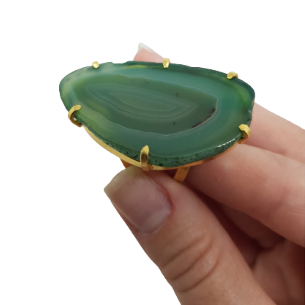 Anel Pedra Natural Chapa Ágata Verde Ajustável Banhado Ouro