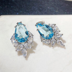 Brincos da série Caibao Gotas de diamante em pó em forma de pêra, brincos de zircão de flor de gelo requintados