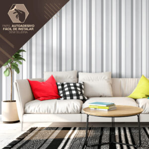 Papel de Parede Adesivo Listrado Cinza Com Branco Fácil Instalação
