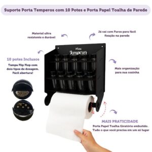 Kit Suporte Porta Temperos Com Apoio Papel Toalha + 10 Potes Inclusos + Adesivos Para Condimentos