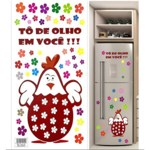 Adesivo Decorativo para Geladeira Armário Parede Porta Vidro Sala Quarto Cozinha tema Galinha Marrom e Flores Imaginart