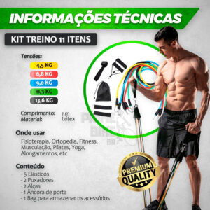 Kit Elástico Treino Extensor 11 Itens Fisioterapia Academia em Casa