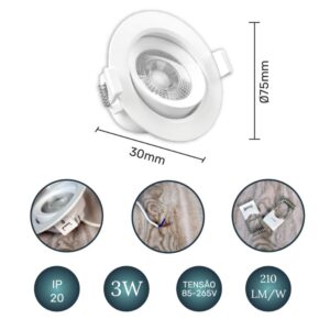 Kit 10 Luminária Spot Led Redondo Direcionável 3W Embutir Gesso Teto Preto | Branco Frio 6500K | Branco Quente 3000K Biv