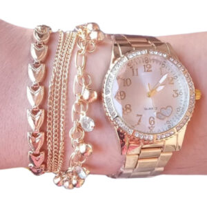 Relógio de pulso Feminino Quartzo analógico Aço + Pulseira sortida Dourado, Prata e Rose com caixa ideal para presente – Presente dia dos namorados, presente de natal