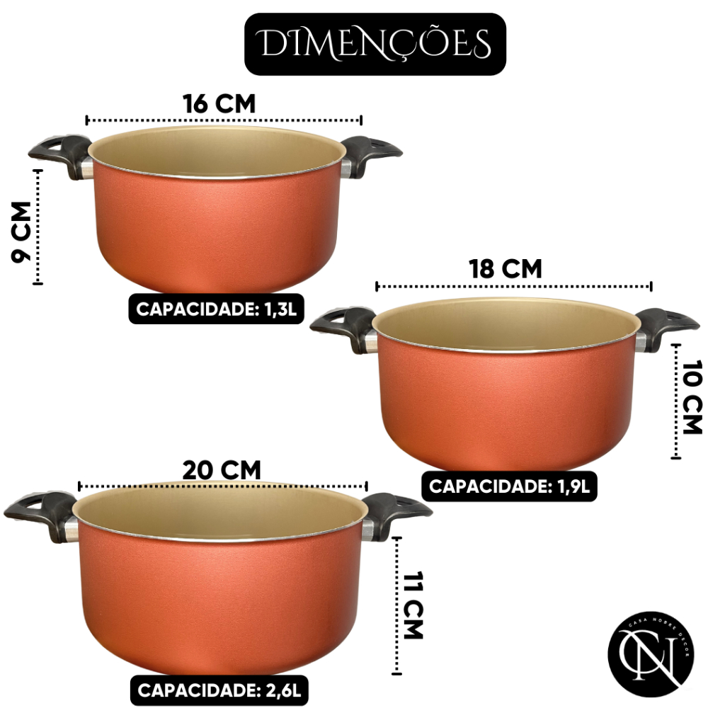 Kit Jogo 3 Peças Panelas Caçarolas 16 18 e 20 cm Antiaderente com Tampa de Vidro Cor Cereja com Bege