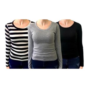 Kit 3 blusas manga longa gola redonda 96% algodão 4% elastano.