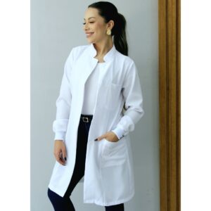 Jaleco Feminino Oxford Branco, Botão Embutido Com Punho Acinturado Dentista Acadêmica Avental