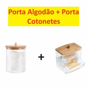 Conjunto Porta Cotonete E Algodão Em Acrílico Transparente Com Tampa De Bambu Util E Simples Resistente Utilmix