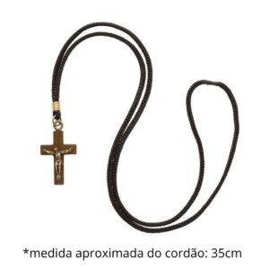 Colar Cordão Crucifixo Madeira Tradicional 35cm Marrom Preto