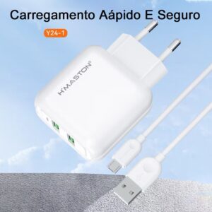 H’maston Y24 Carregador Turbo 25w Fonte Torre Carregar Portátil 2 Usb 5.1A Com Cabo Usb V8.IPhone.Tipo-c