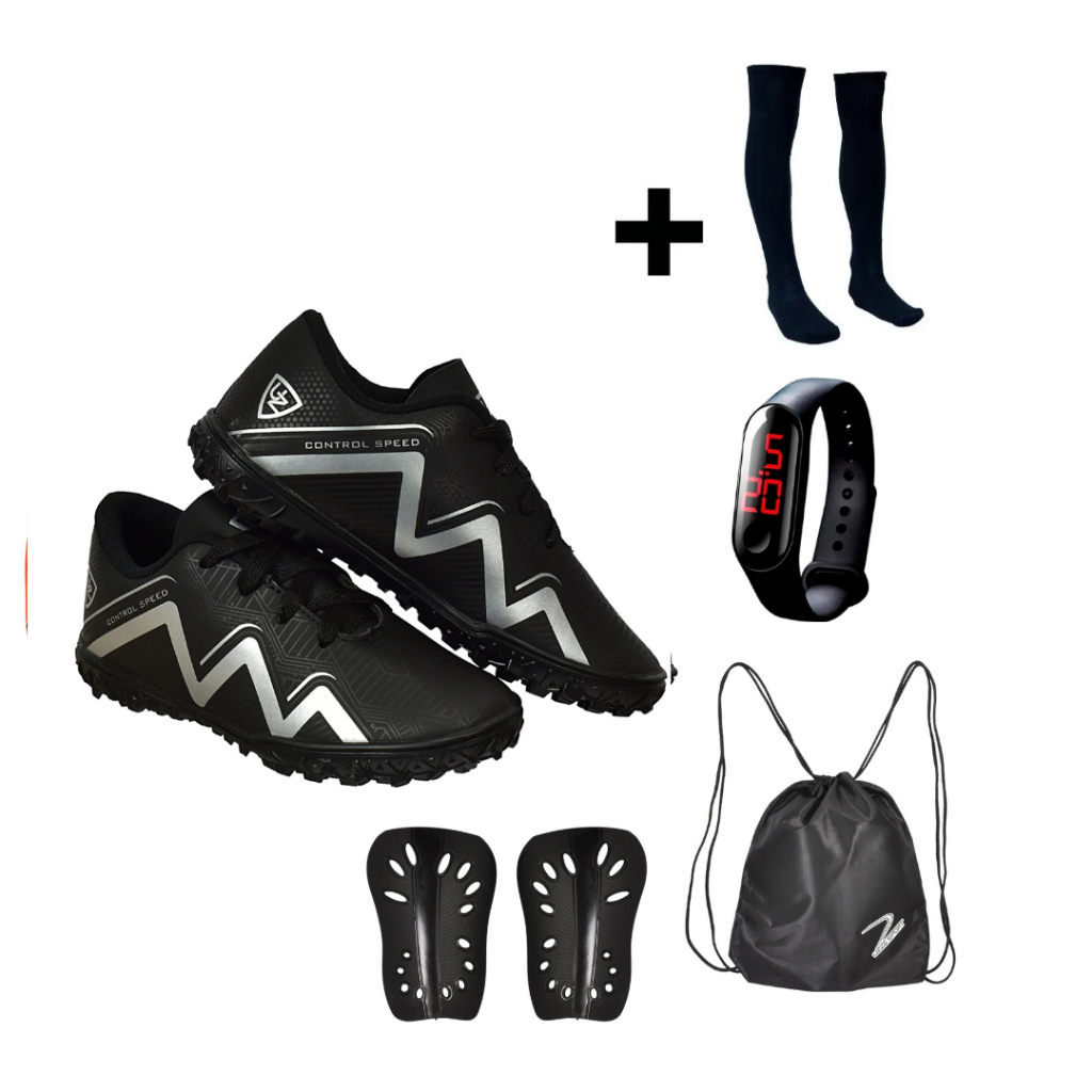 Chuteira Society Sintética 1000 Infantil + Meião + Relógio + Caneleira + Mochila