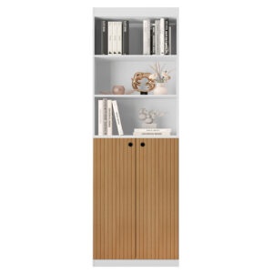 Estante Livreiro Organizador Multiuso com 2 portas e 5 prateleiras Branco/Ripado Gold Luxo