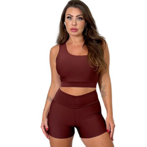 Kit 2 conjuntos de academia marrom modinha feminino short e calça + 2 top com ombro a mostra