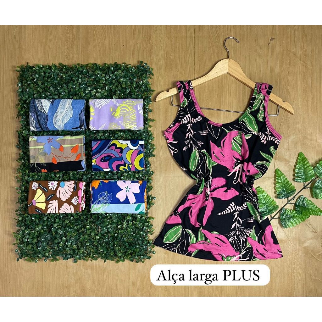 Kit 5 Blusa Plus Size Feminina Regata de Alça Larga Estampada GG Alça Grossa Básica Malha Suede